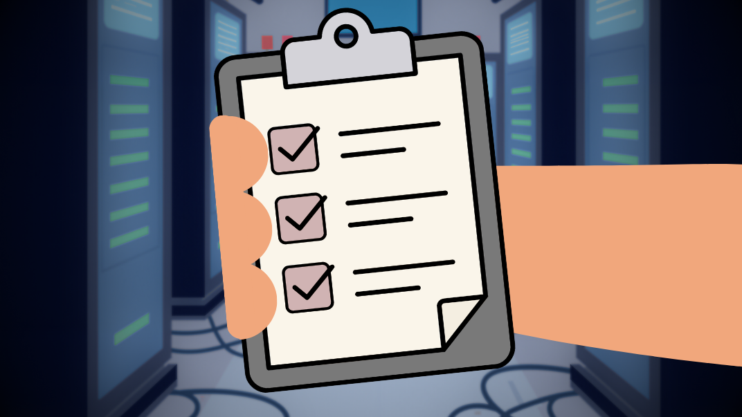 Graphic of a cartoon arm holding a checklist in a server room