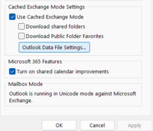 A screenshot of PST file settings